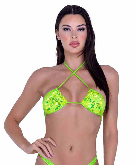 PR-6413, Neon Yellow Sequin Bikini Top By Roma