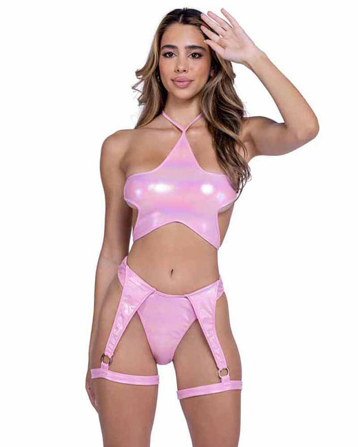 Roma PR-6443, Baby Pink Metallic Iridescent Star Shape Tie Top