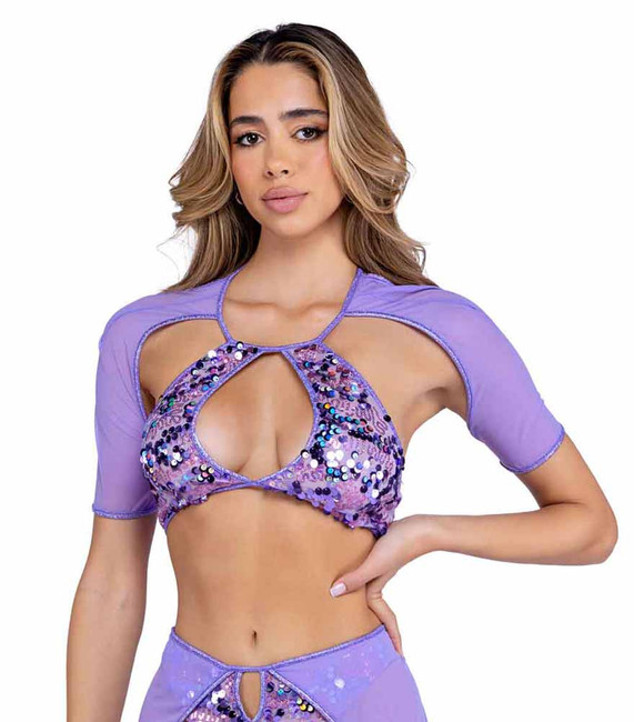 Roma PR-6421, Lavender Sequin Top with Mesh Sleeves