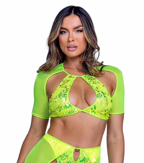 PR-6421, Neon Yellow Sequin Top with Mesh Sleeves By Roma