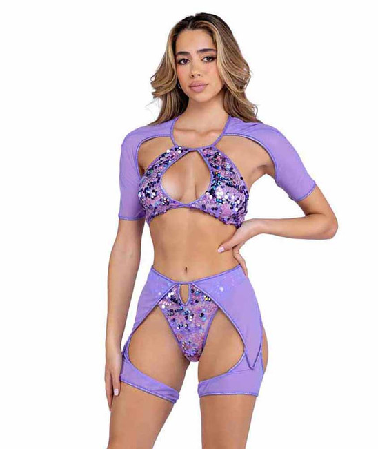 Roma PR-6421, Lavender Sequin Top with Mesh Sleeves