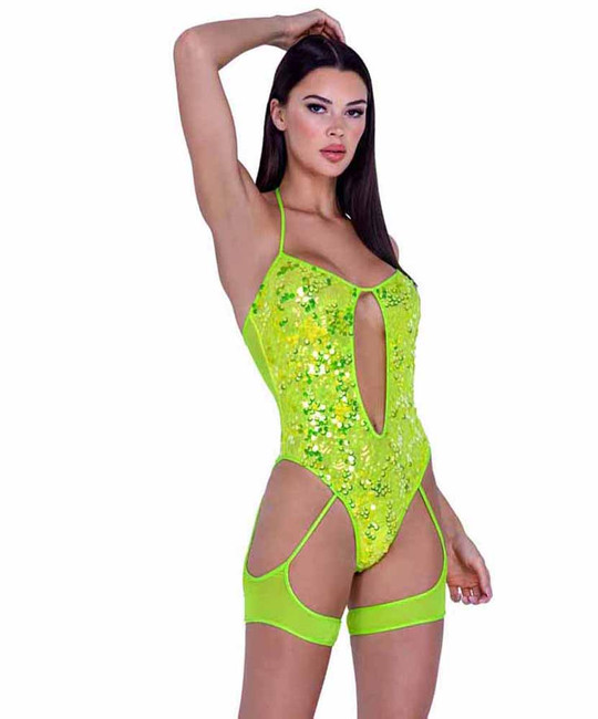 PR-6420, Sequin Keyhole Neon Yellow Romper with Attached Leg Straps