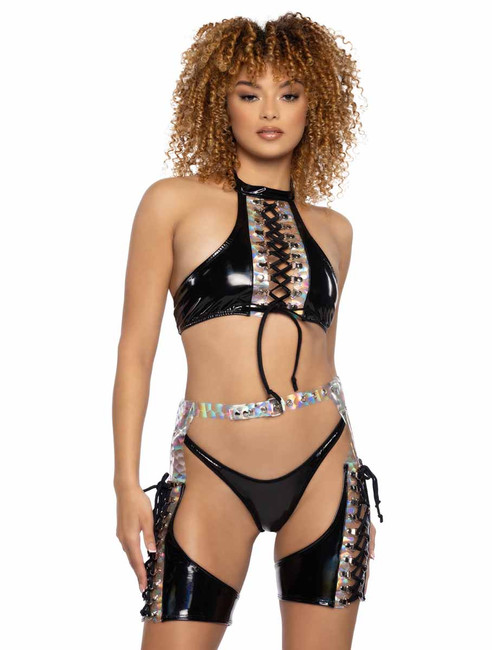 J. Valentine JR-109, Black Holo Prism & Vinyl Lace-Up Chaps With With JR108 JR110