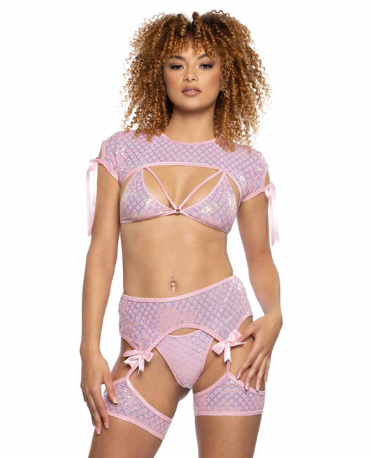 JR-124, Baby Pink Diamond Sequin & Mesh Triangle Top View With JR123 JR125 JR126