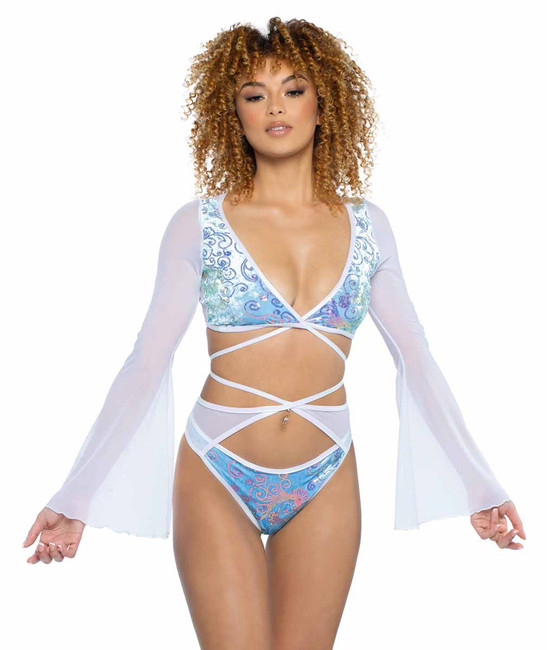 JR-133, Baby Blue Sequin Velvet & Mesh Wrap Top By Roma