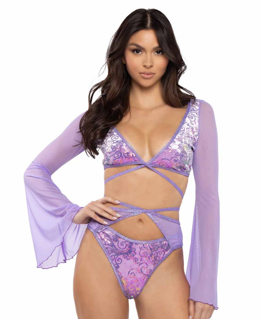 JR-133, Lavender Sequin Velvet & Mesh Wrap Top By Roma