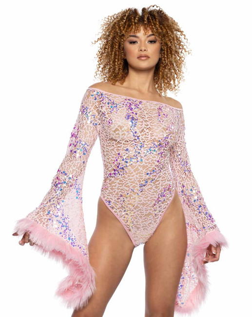 JR-130, Pink Sequin Lace Off the Shoulder Bodysuit