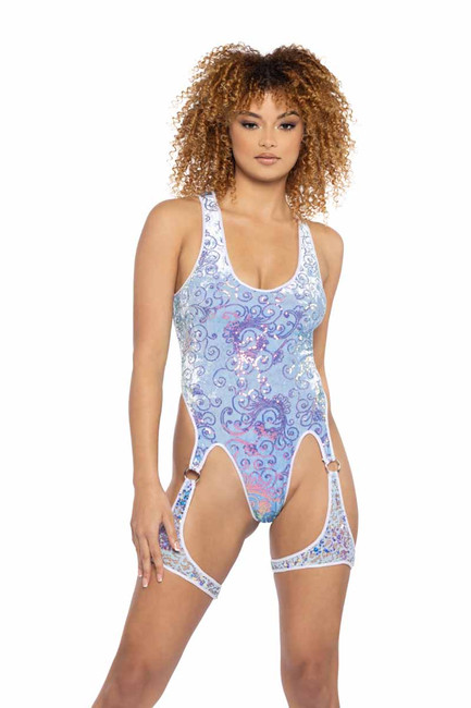 JR-131, Blue Sequin Velvet Chaps Bodysuit By J Valentine