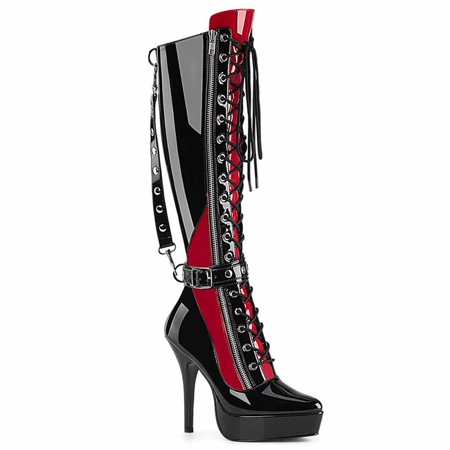 INDULGE-2028, 525" Heel Platform Knee High Boots with Ankle Cuffs and Hanging Strap By Pleaser