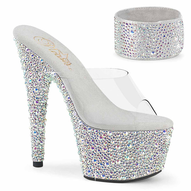 BEJEWELED-712MS, Clear/Silver 7" Rhinestones Platform Slide w/Ankle Cuff By Pleaser