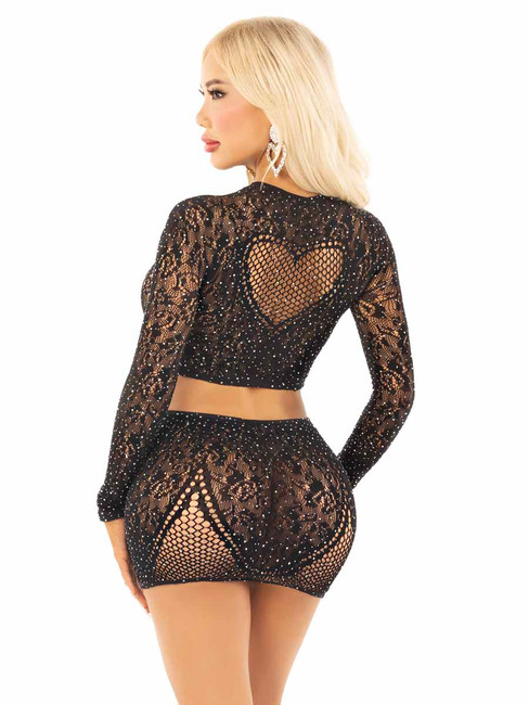 LA81668, Black Rhinestones Lace Crop and Mini Skirt Back View