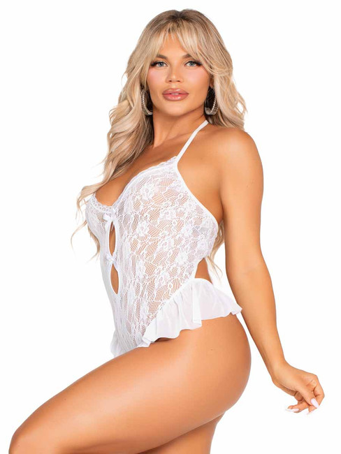 LA89343, White Floral Teddy with Flutter Accent Side View