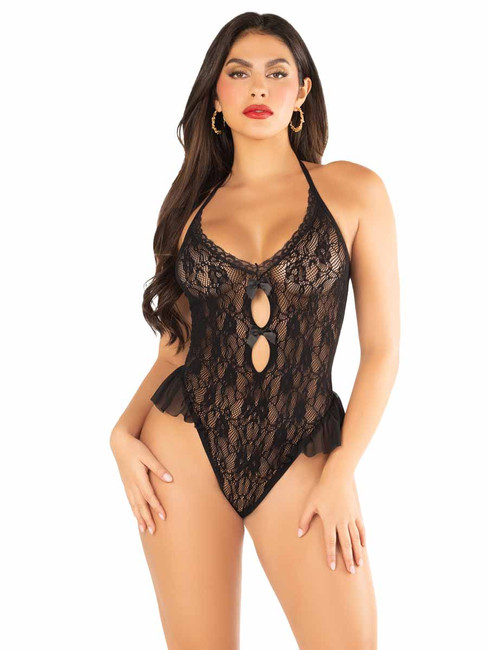 LA89343, Black Floral Teddy with Flutter Accent By Leg Avenue
