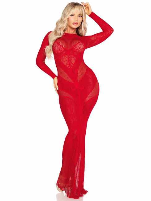 LA86005, Red Lace and Net Long Dress Front View