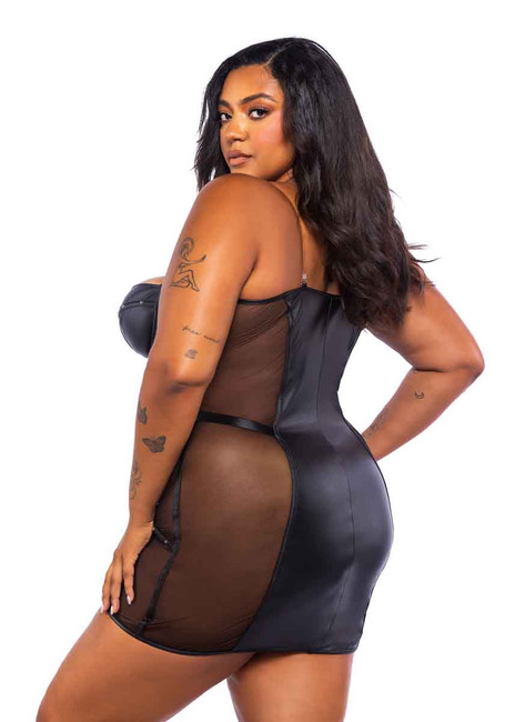 R-LI703X, Mesh and Leather Plus Size Mini Dress Back View