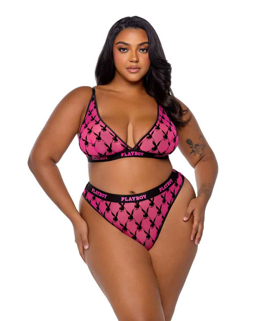 PBLI161X, Plus Size 2pc Pink Playboy Mesh Bralette Set