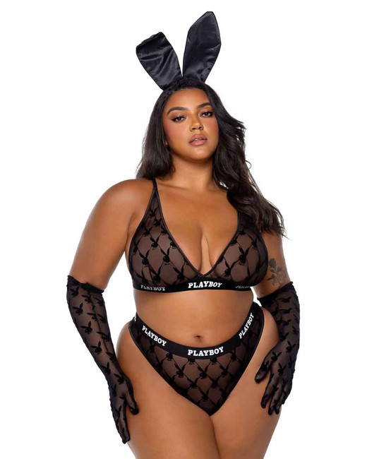 PBLI161X, Plus Size 2pc Black Playboy Mesh Bralette Set