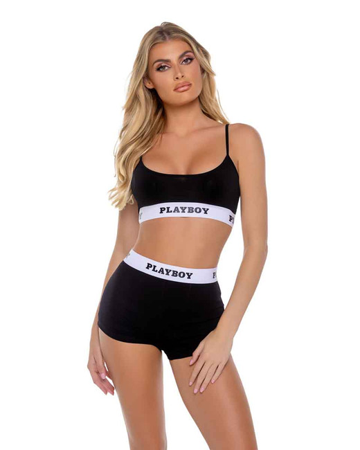 PBLI172,Playboy Black Bunny Lounge Crop Top Set