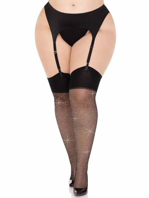 LA1962X, Plus Size Rhinestones Spandex Sheer Stocking