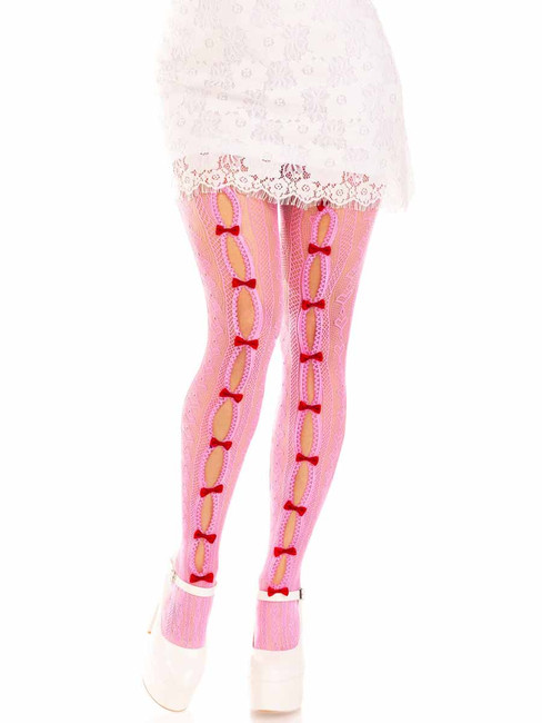 LA9733, Pink Net Tights with Keyhole and Mini Bows