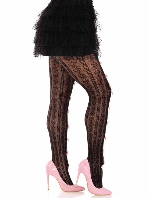 LA9733, Black Net Tights with Keyhole and Mini Bows Side View