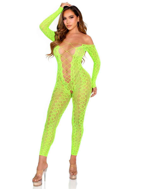 Leg Avenue LA89357, Python Net Neon Green Crotchless Footless Bodystocking