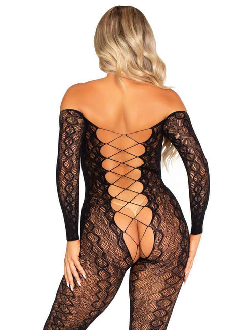 LA89357, Python Net Black Crotchless Footless Bodystocking Back View