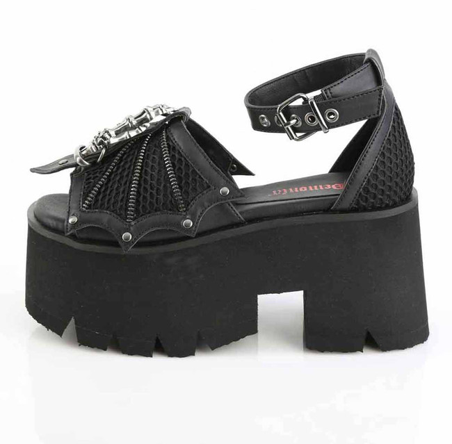Demonia ASHES-11, 3.5 Inch Chunky Heel Platform Sandal with Ornamental Skeleton Buckle Side View