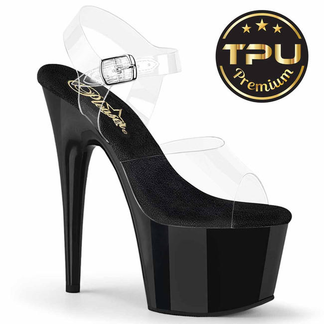 ADORE-708PREM, 7 inch Clear Ankle Strap Black Sandal with Clear Soft Strap By Pleaser USA