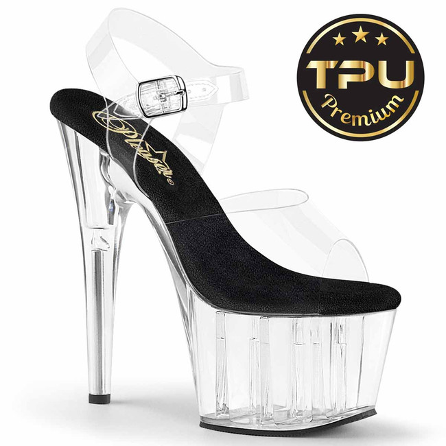Pleaser ADORE-708PREM, 7 inch Ankle Strap Sandal with Clear Soft Strap Clear/Black/Clear