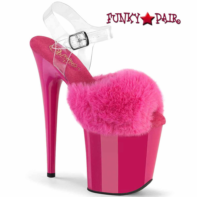 FLAMINGO-808FUR, 8 Inch Heel Ankle Strap Sandal with Fuchsia Fluffy Faux Fur By Pleaser USA