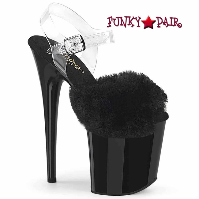 FLAMINGO-808FUR, 8 Inch Heel Ankle Strap Sandal with Black Fluffy Faux Fur