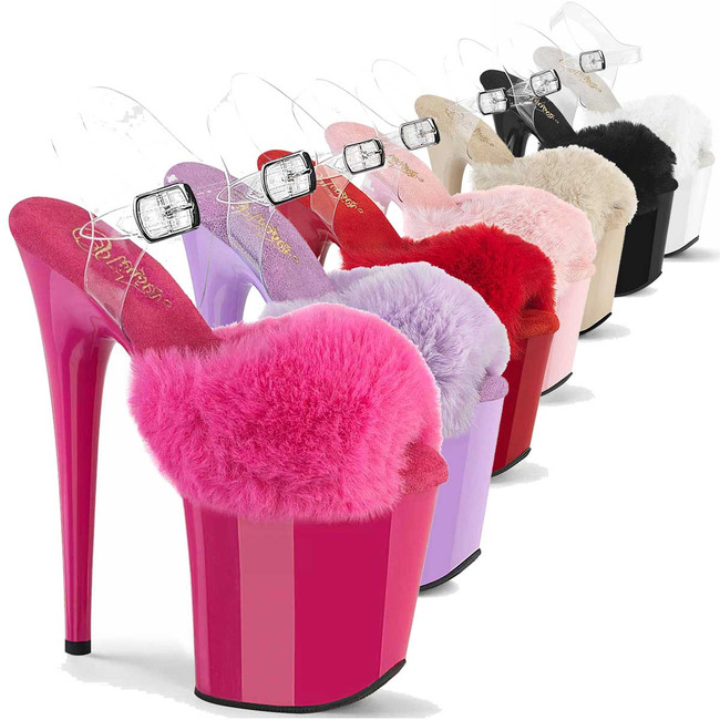 FLAMINGO-808FUR, 8 Inch Heel Ankle Strap Sandal with Fluffy Faux Fur By Pleaser USA