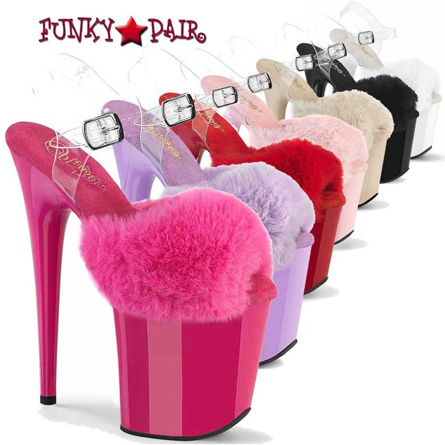 Pleaser FLAMINGO-808FUR, 8 Inch Heel Ankle Strap Sandal with Fluffy Faux Fur