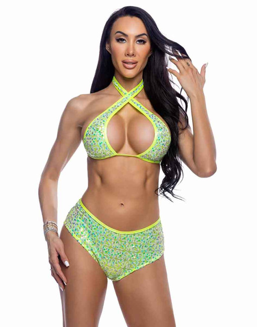 R-6710, High-Waisted Neon Yellow Sequin Bottom View With Top R-6709