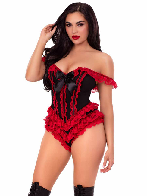LA87290, Black/Red Ruffle Bodysuit with Boning Front View