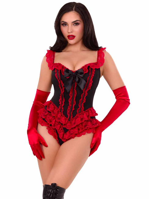 LA87290, Black/Red Ruffle Bodysuit with Boning By Leg Avenue