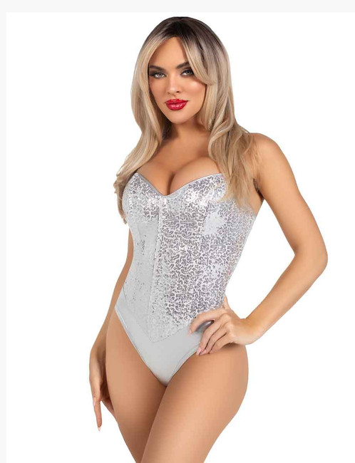 LA2786, Silver Sequin Bodysuit Side View