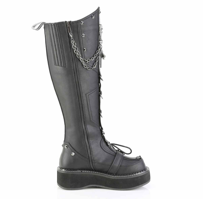 EMILY-221, 2 Inch Platform Knee High Boots with Skulls and Chain Zipper Side View By Demonia