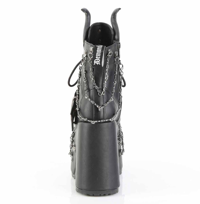 CAMEL-64, 5 Inch Chunky Heel Platform Ankle Boots with Bullhorns Back View