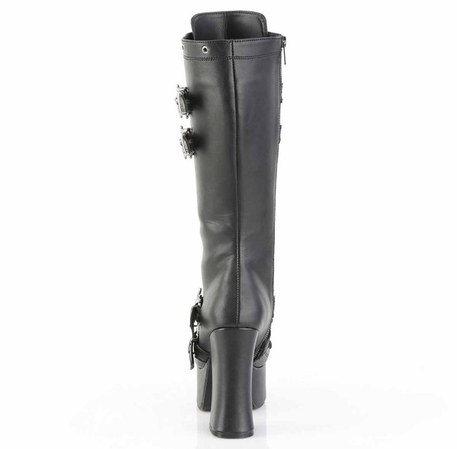 CHARADE-230, 4 Inch Chunky Heel Knee High Boots with Chain and Skull Back View