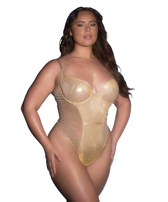 R-LI837Q, Plus Size Metallic Shimmer Mesh Underwire Teddy By Roma