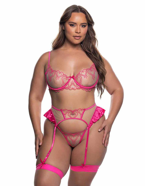 R-LI855Q, Plus Size 3pc Heart Print Garter Set By Roma