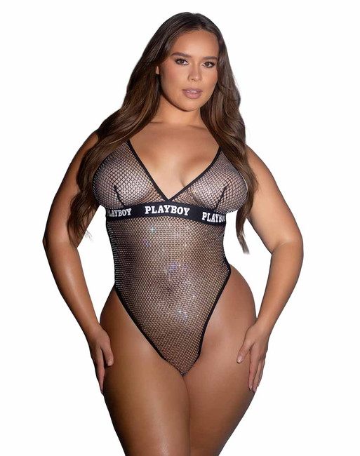 PBLI186Q, Plus Size Black Rhinestones Teddy By PlayBoy