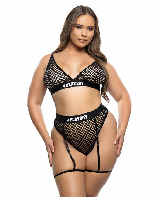 PBLI193Q, Plus Size Black Fishnet Top and Bottoms By PlayBoy
