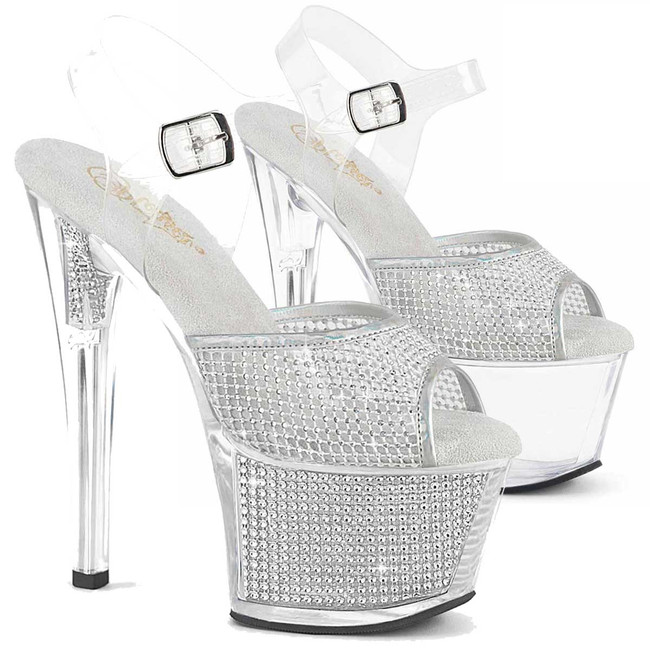 SKY-308PREM-RSNT, 7" Platform Silver Rhinestone Fishnet Fabric Overlay By Pleaser USA