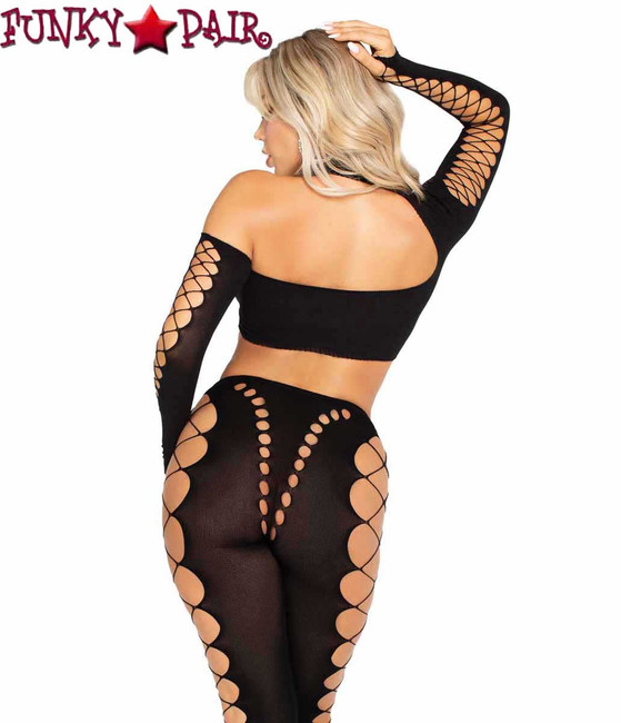 LA89349, Asymmetrical Crop Top and Footless Tights Back View