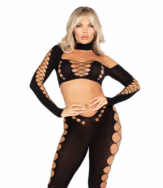 LA89349, Asymmetrical Crop Top and Footless Tights By Leg Avenue