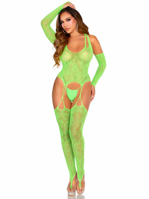 Leg Avenue LA89346, Neon Green Lace Cami Garter with Attached Loop Stocking full View