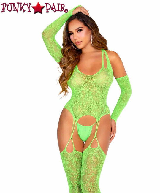 Leg Avenue LA89346, Neon Green Lace Cami Garter with Attached Loop Stocking